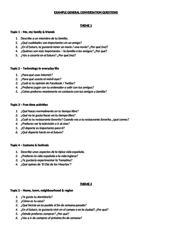 AQA GCSE Spanish Foundation speaking exam - bank of example general conversation questions