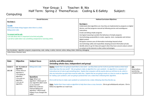 Year 1 Computing unit of work based on coding and e-safety