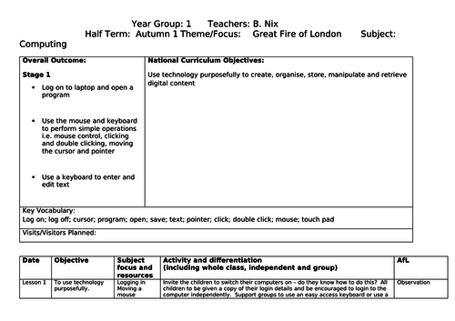 Year 1 Computing planning themed on Great Fire of London