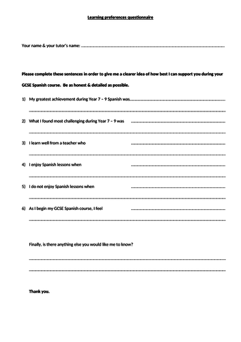 Learning preferences questionnaire for first lesson with GCSE classes
