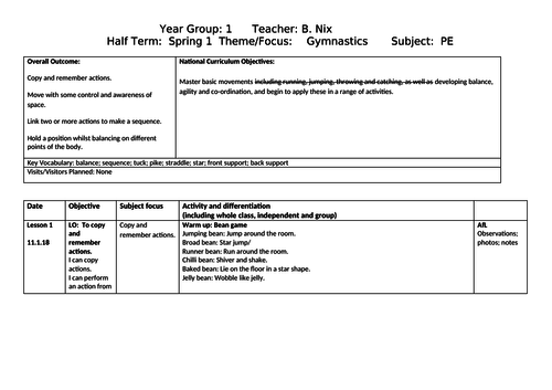 Year 1 PE gymnastics planning