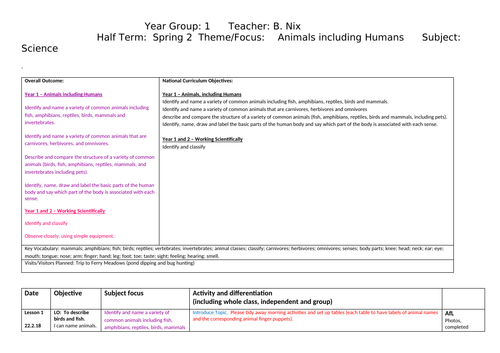 Year 1 Science planning on animals and humans