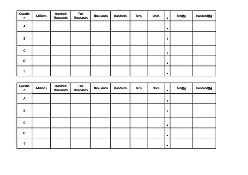 Place value mats to stick into books