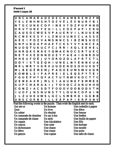 D'accord 1 Unité 1 Leçon B Wordsearch