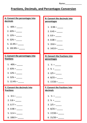Fractions, Decimals and Percentages Differentiated Worksheet