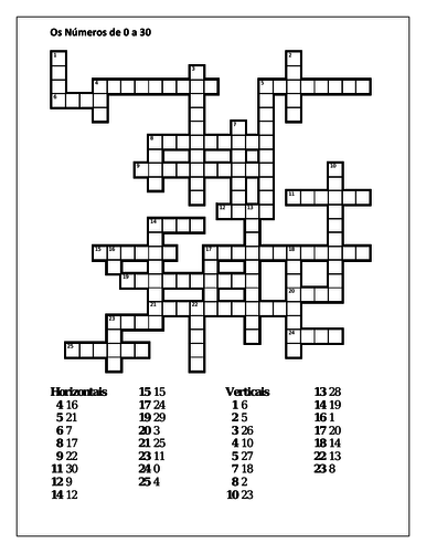 Números (Numbers in Portuguese) 0 to 30 Crossword