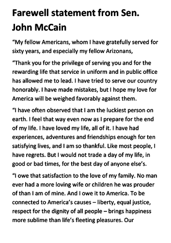 Farewell statement from Senator John McCain