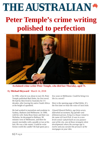 Newspaper article: Peter Temple's crime writing polished to perfection