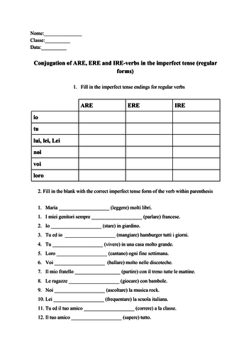 Italian ARE ERE IRE verbs Conjugation Imperfect Tense No Prep 