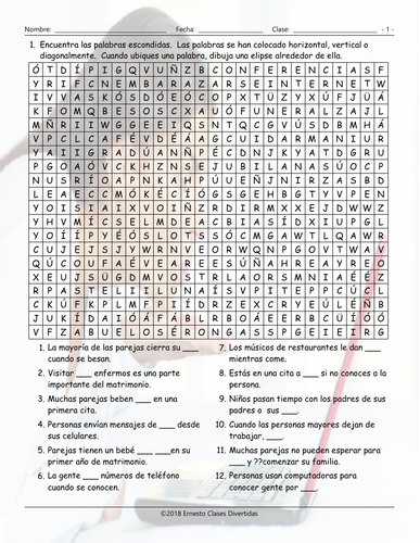 Dating and Marriage Spanish Word Search Worksheet