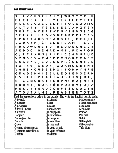 Salutations (Greetings in French) Differentiated Wordsearch