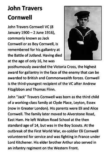 John Travers Cornwell Victoria Cross Handout