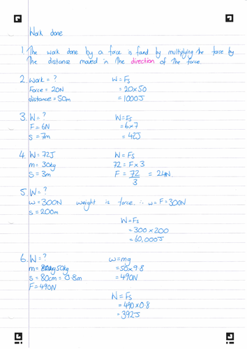 Work done = force x distance practice questions with model answers