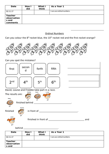 Ordinal numbers, Autumn Block 1, Year 1