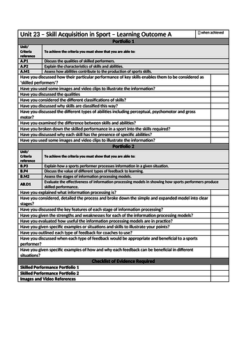 BTEC Sport Level 3 Unit 23 - Skill Acquisition Student Checklists for Assignments