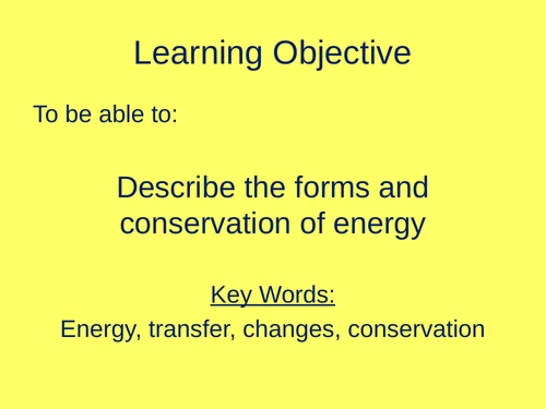 AQA Physics Trilogy Topic 1 Energy Title Page, Objective and Outcomes