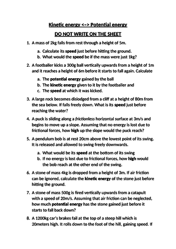 Combining gravitational energy and kinetic energy questions with answers