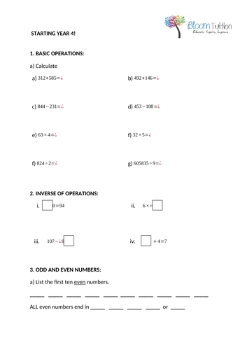 Year 4: Start of year Maths recap