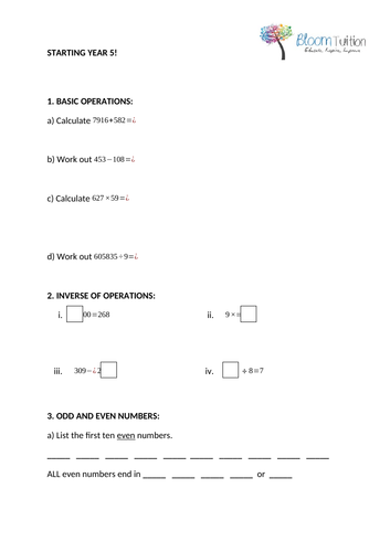 Year 5: Start of year Maths recap