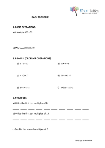 Key Stage 3: Differentiated collection of worksheets for start of year recap