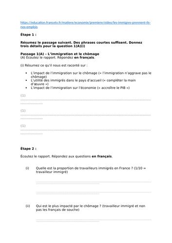 Immigration - immigrés - chômage LISTENING - exam style questions