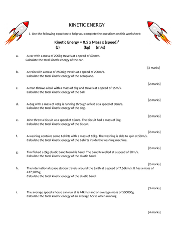 GCSE Physics Kinetic Energy Calculation Worksheet with Answers