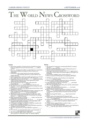 The World News Crossword - September 2nd, 2018