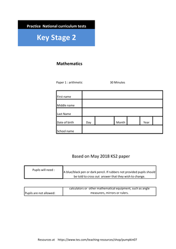 KS2 SATs Arithmetic paper.  No answers provided