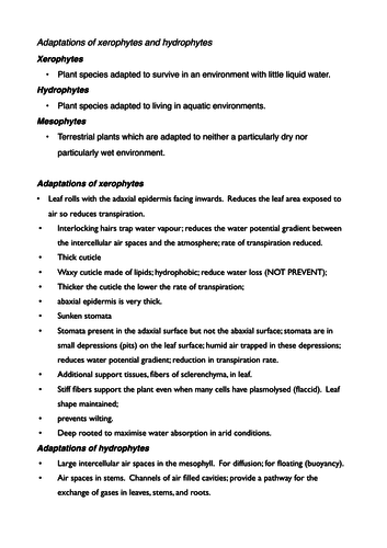 Xerophytes & hydrophytes