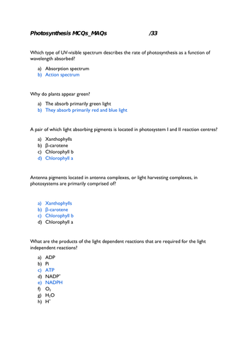 Photosynthesis quiz MCQ MAQ