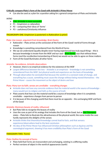 Plato and Aristotle comparison ESSAY PLAN - OCR Religious Studies A Level NEW SPEC