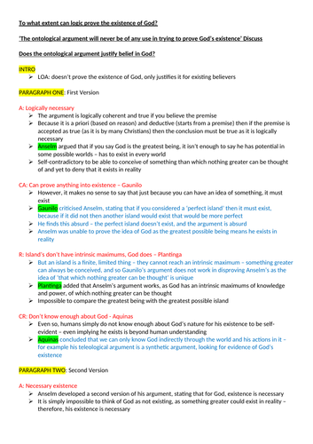 Ontological Argument ESSAY PLAN - OCR Religious Studies A Level NEW SPEC
