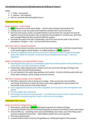 Teleological Argument ESSAY PLAN - OCR Religious Studies A Level NEW SPEC