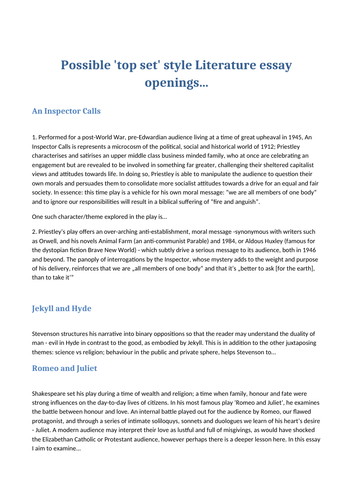 Literature Exemplar Essay Openings