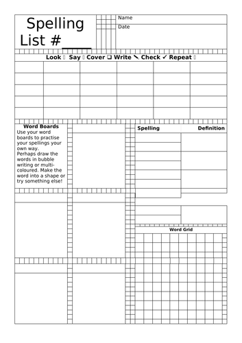 spelling practice sheets (5 spellings)