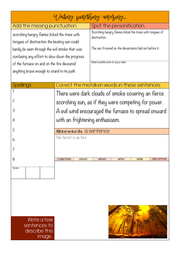 Worksheets using an image as a prompt for descriptive writing