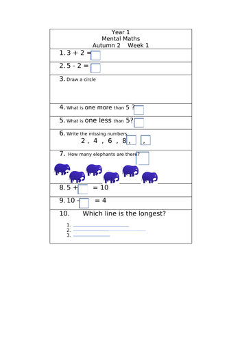 Year 1 Aut 2 Mental Maths