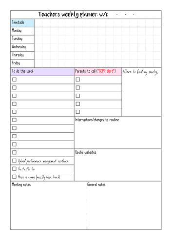 Weekly planner sheet and to do list