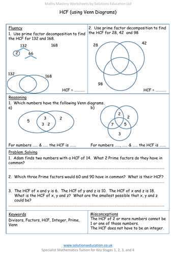 Hcf Using Venn Diagrams Mastery Worksheet Teaching Resources