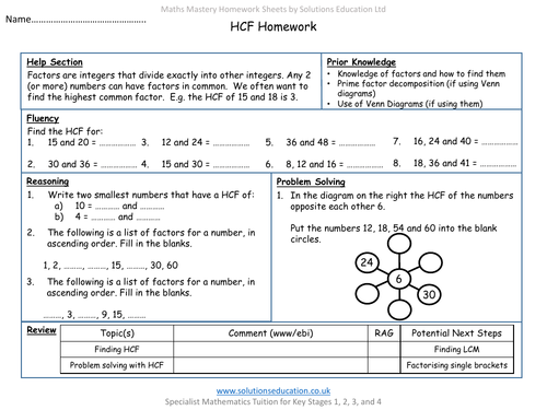 HCF Mastery Homework and Review