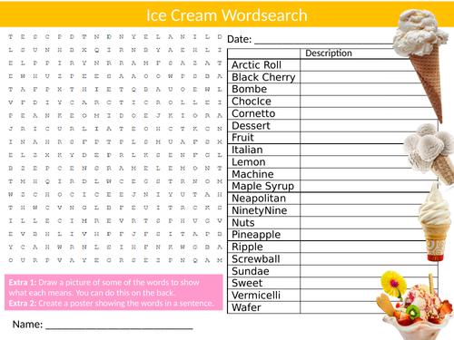 Ice Cream Icecream #2 Wordsearch Sheet Starter Activity Keywords Cover Food Technology Nutrition