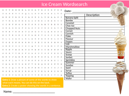 2 x Ice Cream Icecream Wordsearch Sheet Starter Activity Keywords Cover Food Technology Nutrition