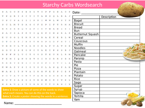 Starchy Carbohydrates Wordsearch Sheet Starter Activity Keywords Cover Food Technology Nutrition