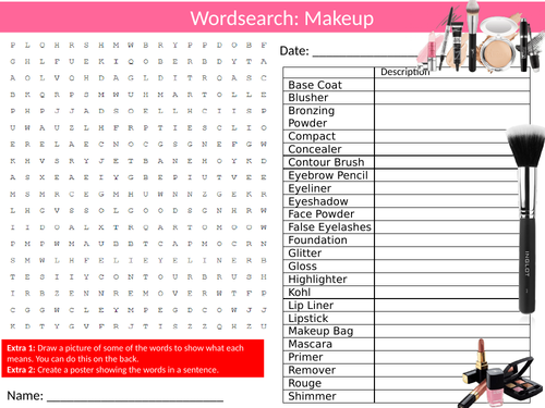 Makeup Wordsearch Sheet Starter Activity Keywords Cover Make-Up Hair & Beauty