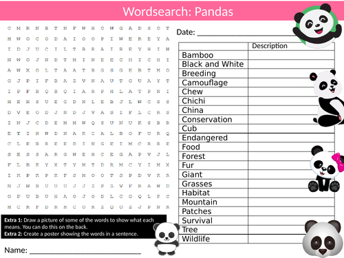 Panda Wordsearch Sheet Starter Activity Keywords Cover Pandas Animals Nature Biology