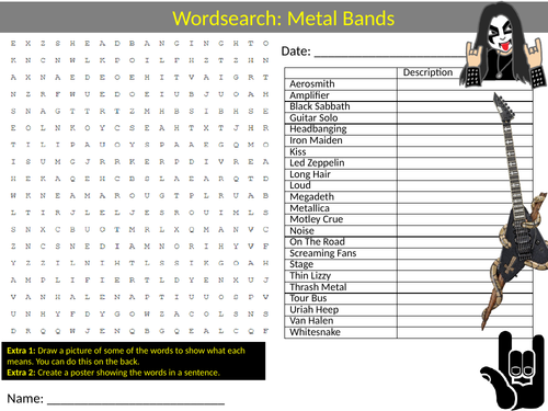 Metal Bands Wordsearch Sheet Starter Activity Keywords Cover Music Groups History