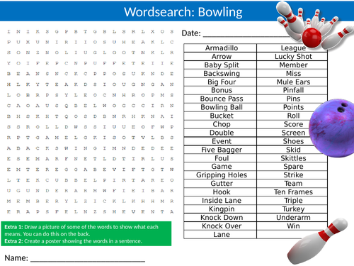 Bowling Wordsearch Sheet Starter Activity Keywords Cover Sport PE Physical Education