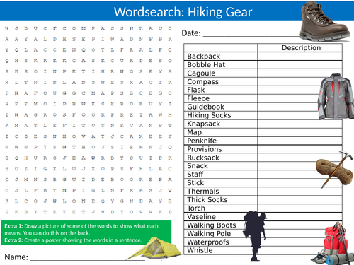 Hiking Gear Wordsearch Sheet Starter Activity Keywords Cover PE Sports Healthy Lifestyle
