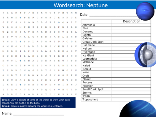 Neptune Wordsearch Sheet Starter Activity Keywords Cover Science Physics Planets