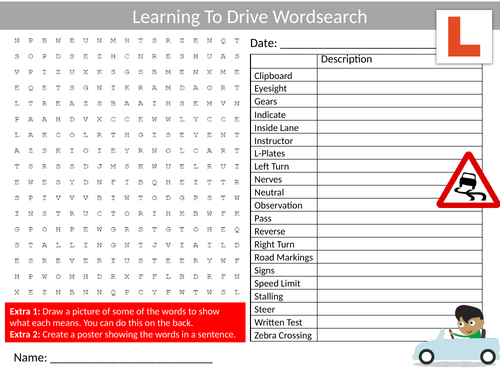 2 x Learning To Drive Wordsearch Sheet Starter Activity Keywords Cover Driving Cars